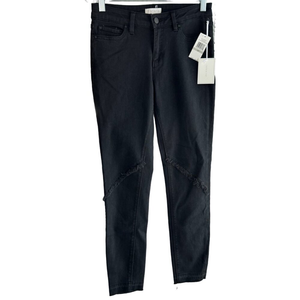1.STATE Frayed Released Hem Skinny Black Jeans Womens Size 27 Super Wash Denim - Picture 2 of 12